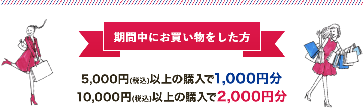 期間中にお買い物をした方、5,000円(税込)以上の購入で1,000円分、10,000円(税込)以上の購入で2,000円分